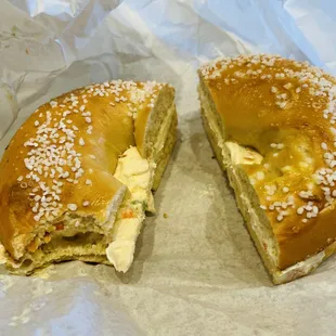 SALT BAGEL + VEGGIE SCHMEAR!!!! Nirvana!