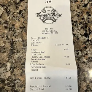 the receipt for the bagel boat