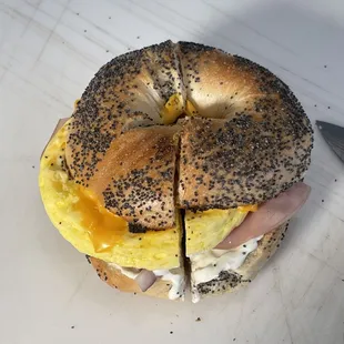 Ham egg, cheese &amp; onions W cream cheese on a poppy