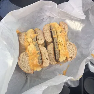 Jalapeño bagel sandwich with sausage, egg, and cheese