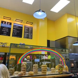 the inside of a donut shop