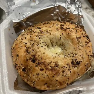 Everything bagel with cream cheese (store bought bagel)