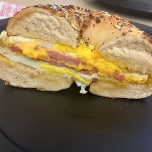 Taylor ham, egg and cheese on an everything bagel