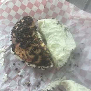 Garlic bagel with chive cream cheese! I usually get it with green olive cream cheese, but I was feeling chive today