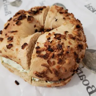Onion bagel with chives cream cheese