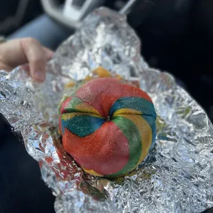 Rainbow Bagel with Egg and Cheese.