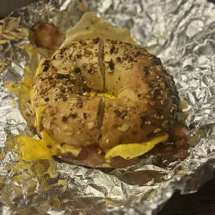 Bacon egg and cheese on an everything bagel