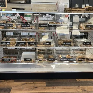 a display of bagels and pastries