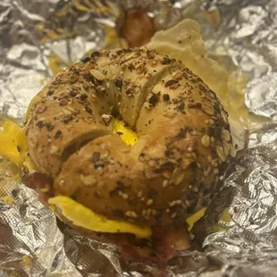 Bacon egg and cheese on an everything bagel