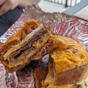 Steak, egg, and cheese sandwich on a cheddar jalapeno bagel.