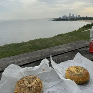 Bacon, egg, and cheese on everything bagel and the Western slam on rosemary