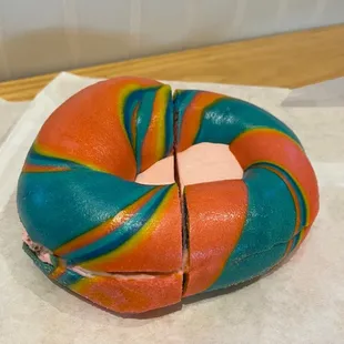 Rainbow bagel with strawberry filling