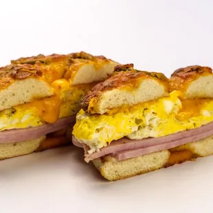 Ham, egg, and cheese on a Jalapeno Bagel