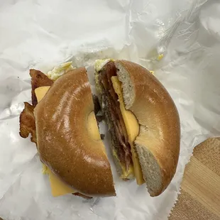 Bacon, Sausage, Egg, cheese bagel