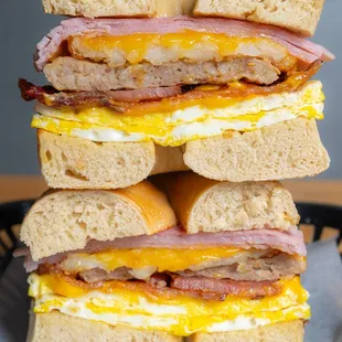 a stack of breakfast sandwiches