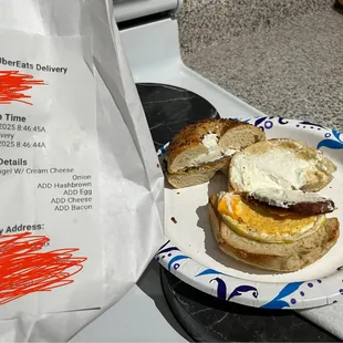 Bagel W/ Cream Cheese, add hashbrown, add egg, add cheese, add bacon