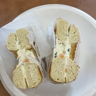 Onion bagel with lox cream cheese