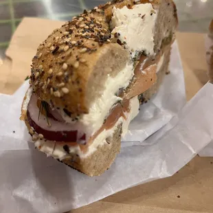 the inside of a bagel sandwich