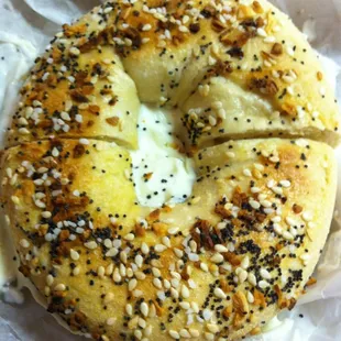 a bagel covered in sesame seeds