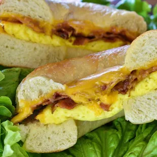 a breakfast sandwich on a lettuce leaf