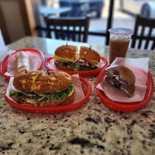 Our great meal for the day! The BSC special, California Club, bagel dog, blueberry bagel with cream cheese, and Vietnamese coffee.