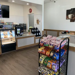 a display of snacks and drinks