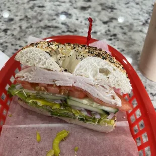 Turkey sandwich on everything bagel