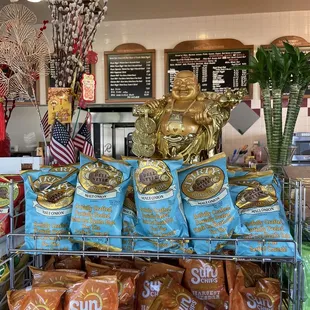 a display of bags of coffee