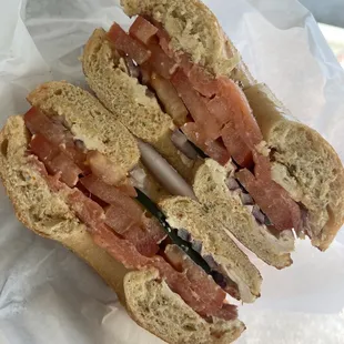 Lox bagel (sun dried tomato cream cheese and jalapeño bagel)