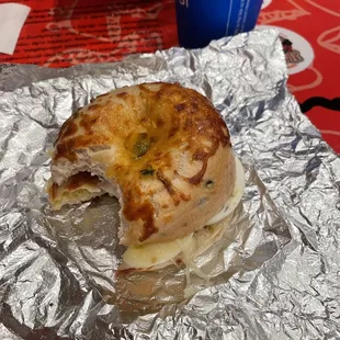 Bacon, egg, and cheese on jalapeño cheddar bagel