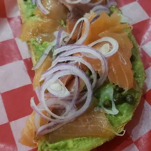 Lox, capers, onion, avocado