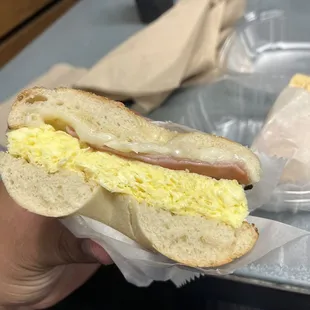 Egg MCBAGEL, egg omelette with provolone cheese AND slice of ham. The have 3 or 4 different meats I believe you can choose from.