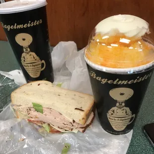Egg Custard Snowball, Honey Molasses Turkey on Rye (already ate half) and a large drink.