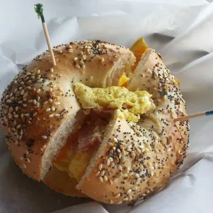 $5 egg and cheese on an everything bagel with a small coffee. Add $1 for sausage or bacon.