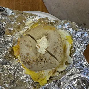 Egg, turkey, cream cheese on everything bagel