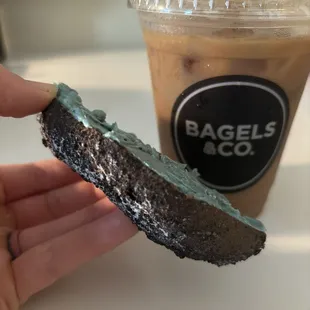 Oreo bagel w/ Cookie Monster Cream Cheese and Latte