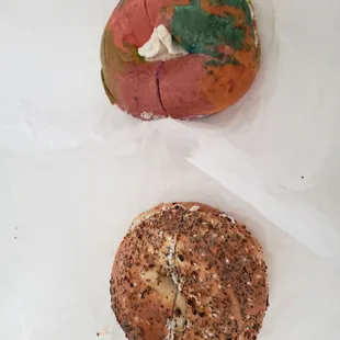 Top: Rainbow bagel w black truffle cream cheese Bottom: everything bagel w salmon &amp; dill cream cheese