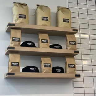 bags of coffee on a shelf