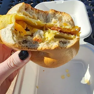 Bacon egg and cheese on Asiago bagel