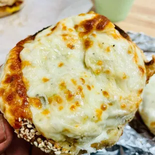 Tuna melt on everything bagel