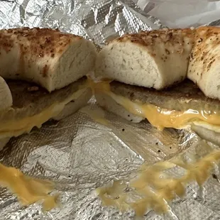 Sausage, egg, cheese on a garlic cheddar bagel!