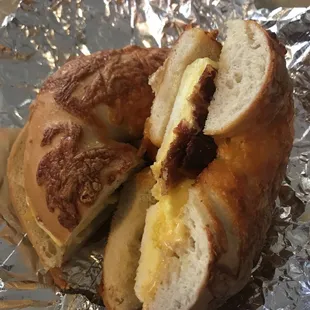 Bacon egg and cheese on a cheese bagel