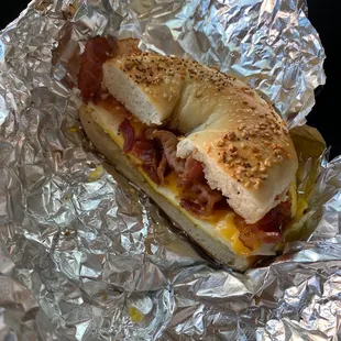 Everything bagel with bacon egg and cheese