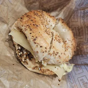 Eggstremely Meaty on garlic bagel