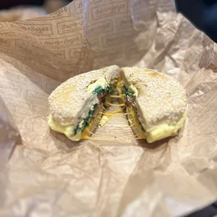 Garden State break sandwich on sesame bagel