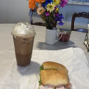 Iced mocha and turkey sandwich