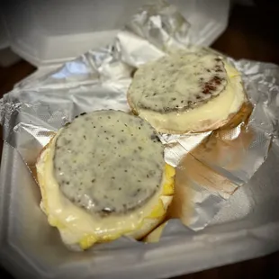 Sausage, egg, and cheese melt on a plain bagel