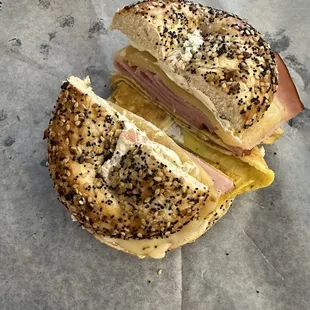 Ham cheese and egg bagel with Bacon Chive Cream Cheese