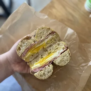 Ham egg cheese on everything bagel