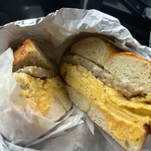 The Benny with sausage on a jalapeño cheddar bagel